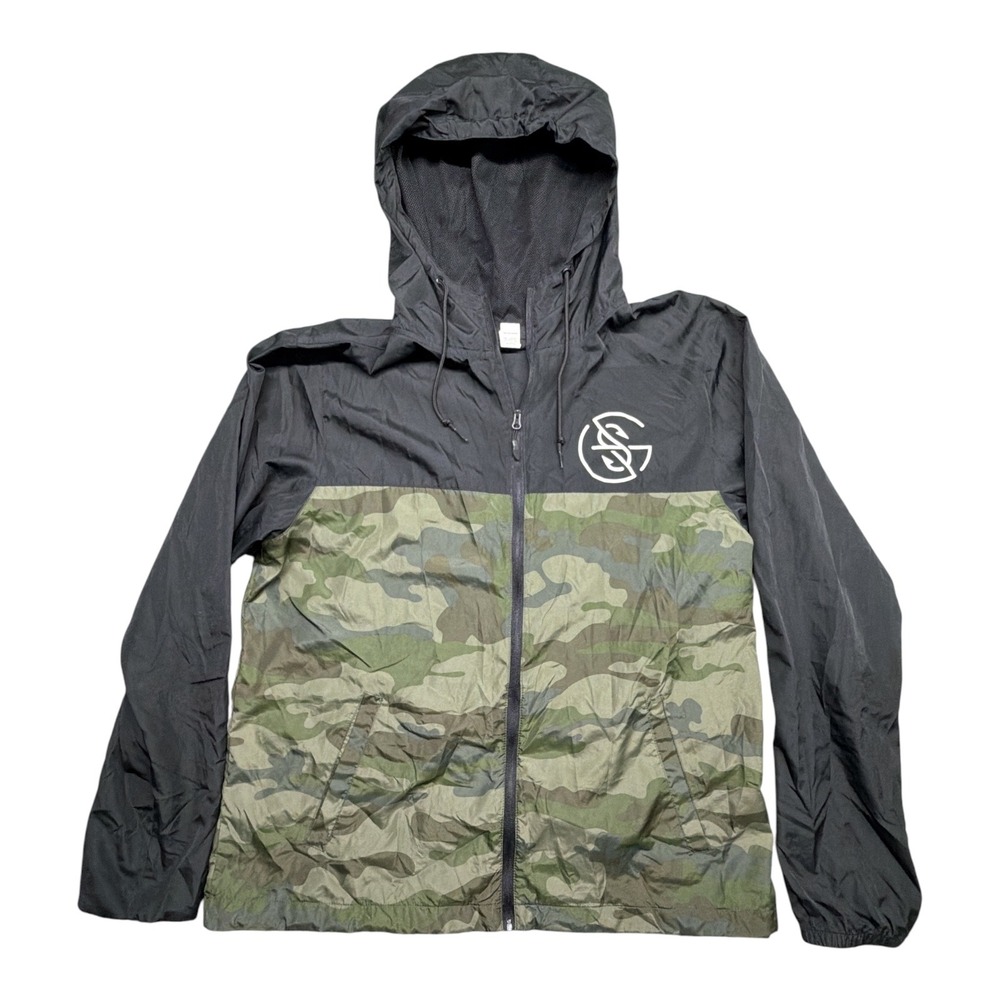 Independent Trading Co Mens XL Black Camo Full Zip Hooded Windbreaker Jacket